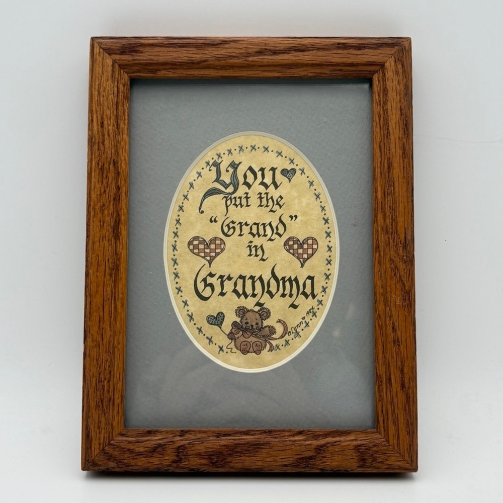 Vintage Lynn Norton Parker Grandma Calligraphy Art Oak Frame 1987 6x8